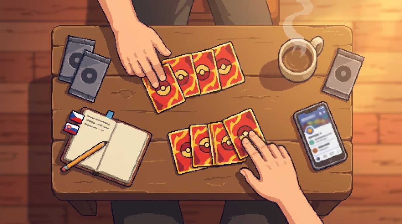 Pohľad zhora na drevený stôl s rukami, ktoré si vymieňajú Pokémon karty.