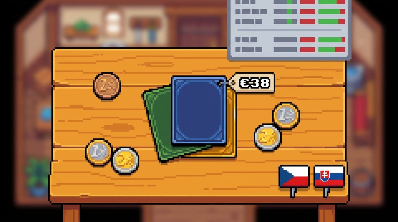 Pixel-art trojstránkové karty na drevenom stole s cenovkou €38 a Euro mincami; Cardmarket-style cenový panel v rohu — Cena Pokémon karty