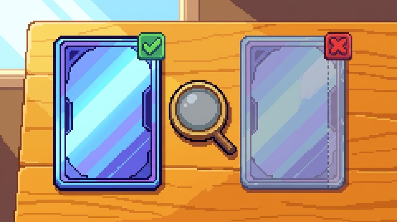 Pixel-art porovnanie: vľavo karta s zeleným ✓ (originál), vpravo s červeným ✗ (falzifikát), v strede lupa — vizuálny test pri okne