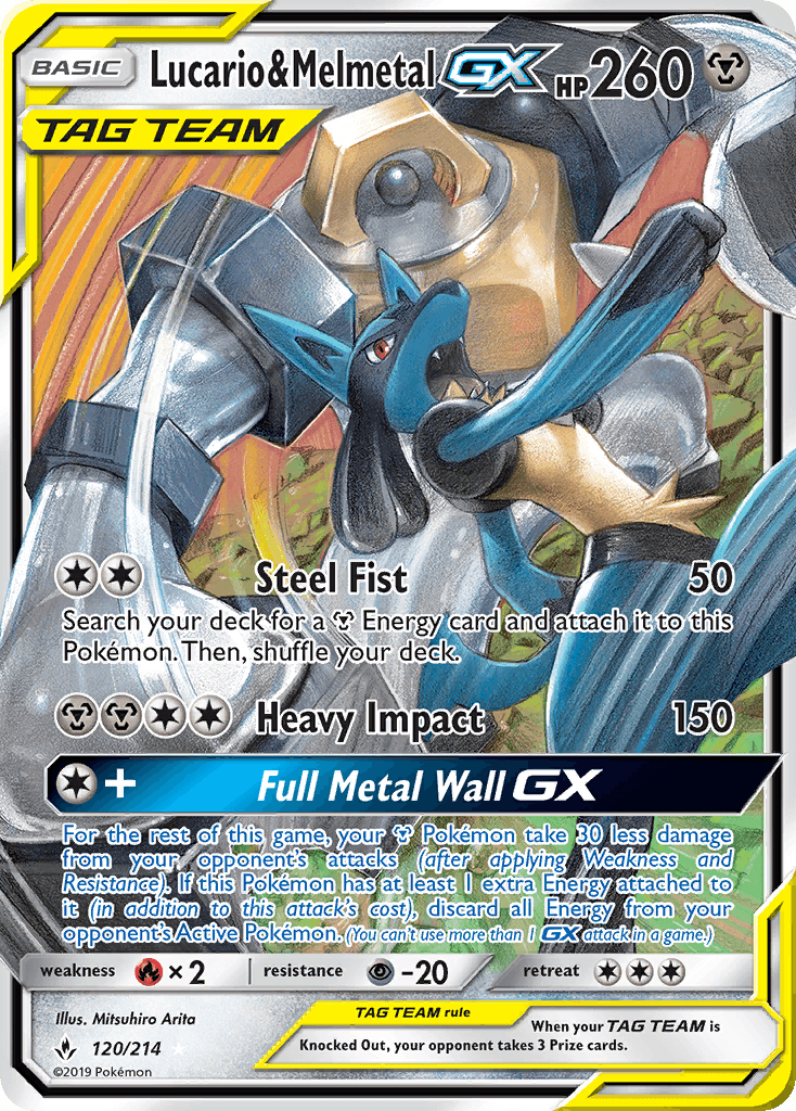 Lucario & Melmetal-GX z edície Unbroken Bonds, karta č.120