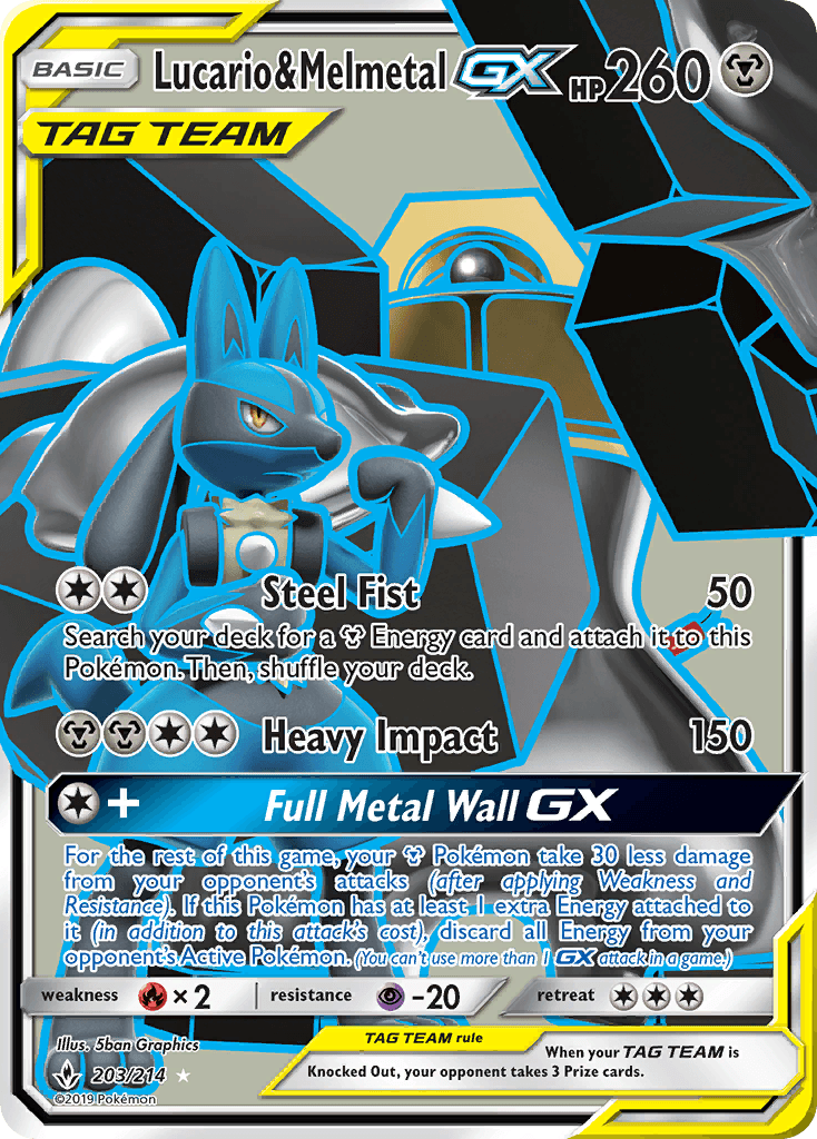 Lucario & Melmetal-GX z edície Unbroken Bonds, karta č.203