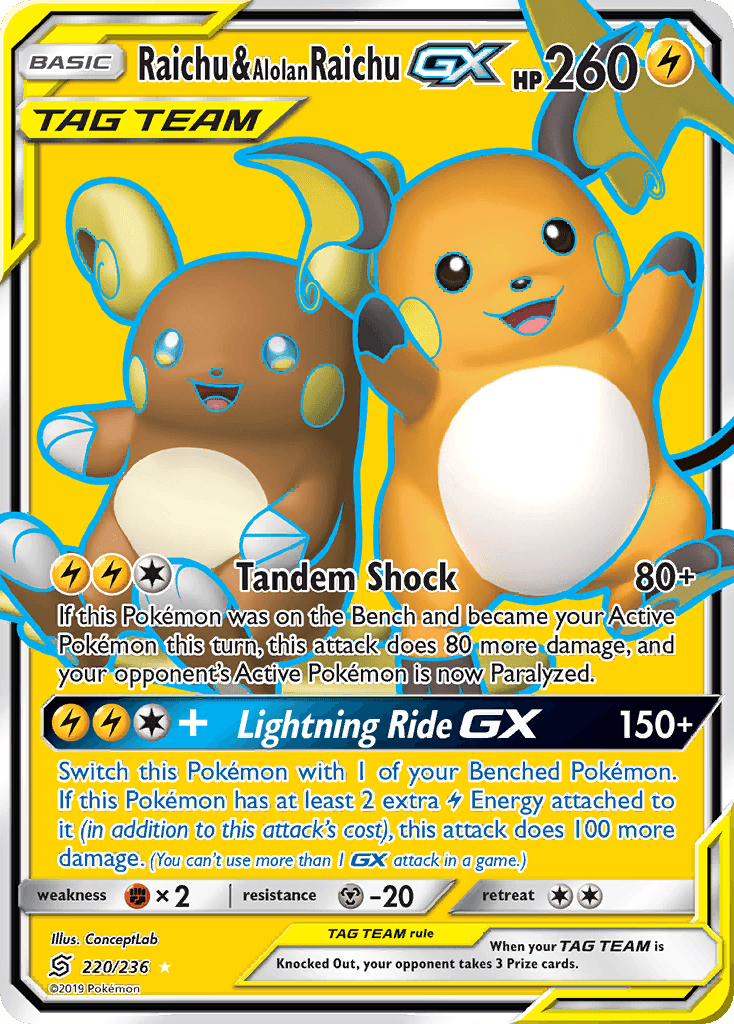 Raichu & Alolan Raichu-GX z edície Unified Minds, karta č.220
