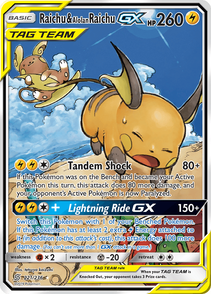 Raichu & Alolan Raichu-GX z edície Unified Minds, karta č.221