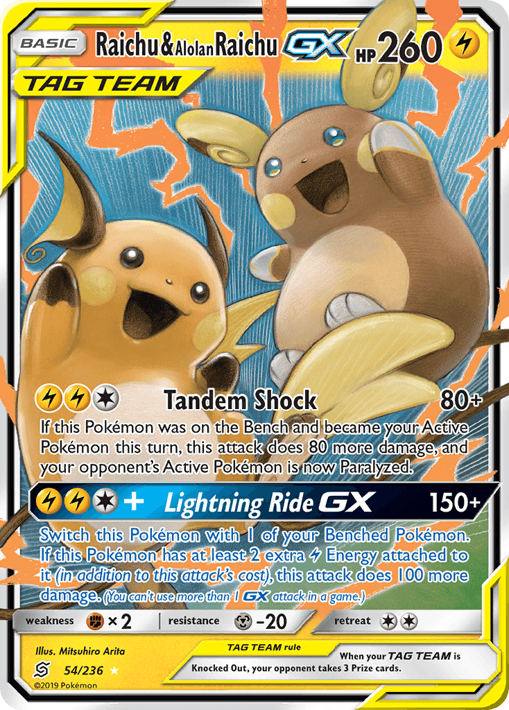 Raichu & Alolan Raichu-GX z edície Unified Minds, karta č.54