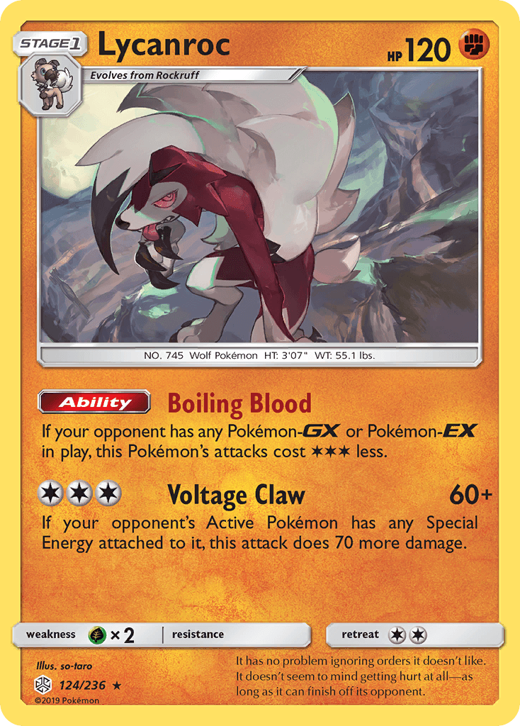 Lycanroc z edície Cosmic Eclipse, karta č.124