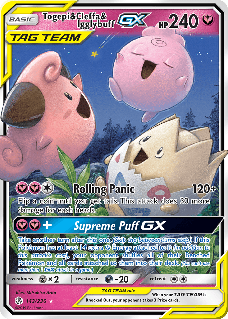 Togepi & Cleffa & Igglybuff-GX z edície Cosmic Eclipse, karta č.143