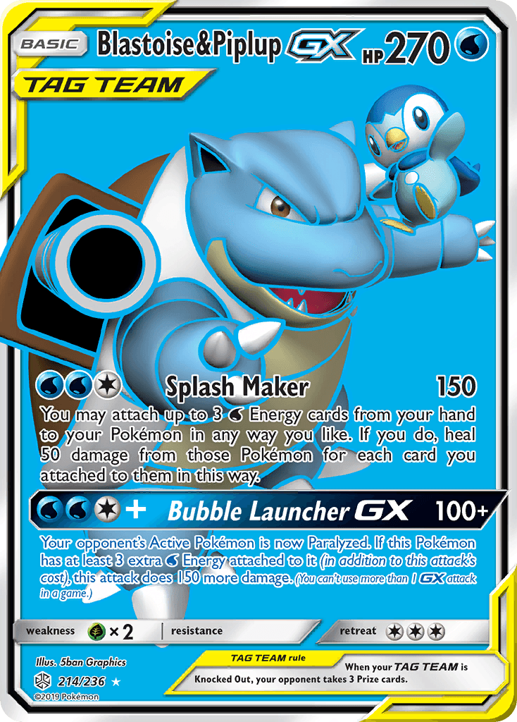 Blastoise & Piplup-GX z edície Cosmic Eclipse, karta č.214