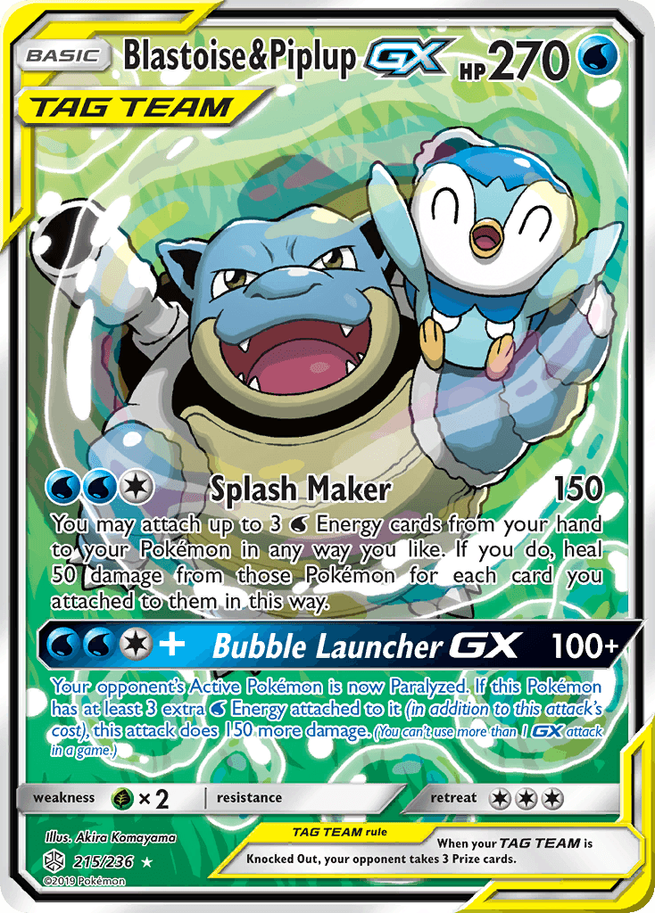 Blastoise & Piplup-GX z edície Cosmic Eclipse, karta č.215