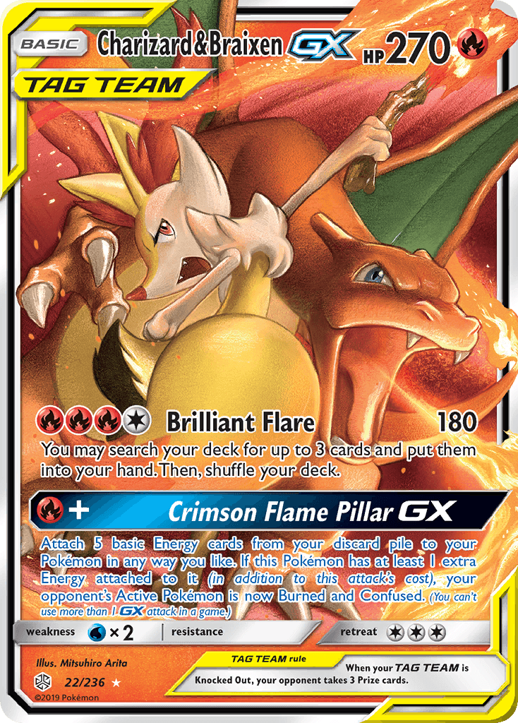 Charizard & Braixen-GX z edície Cosmic Eclipse, karta č.22