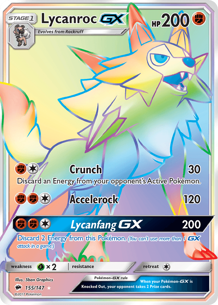 Lycanroc-GX z edície Burning Shadows, karta č.155