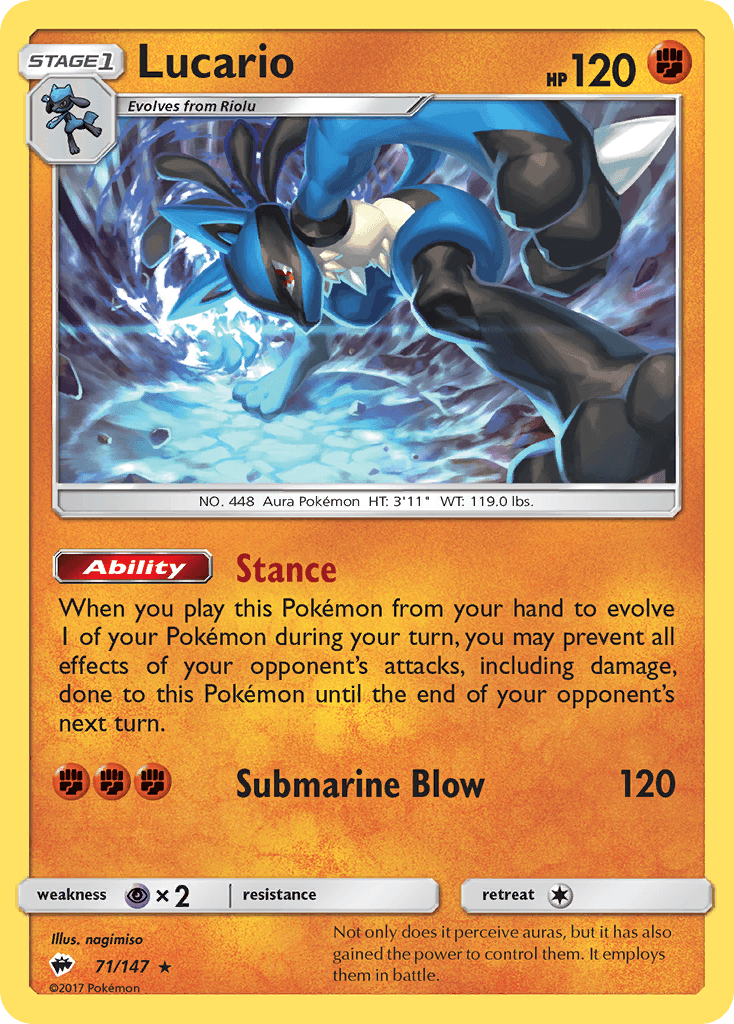 Lucario z edície Burning Shadows, karta č.71