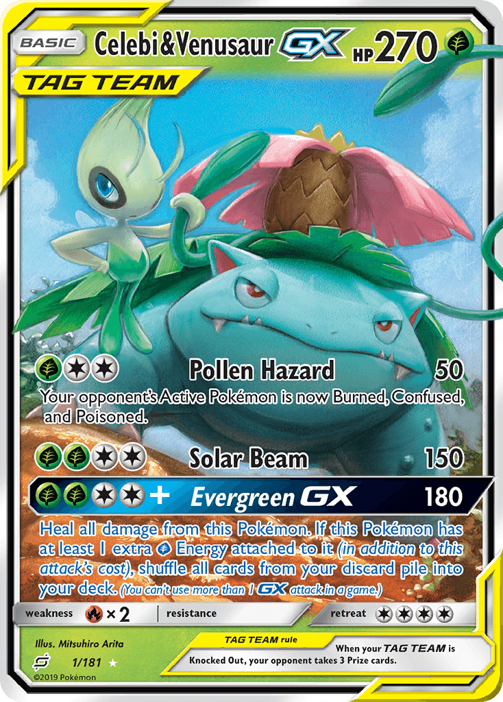 Celebi & Venusaur-GX z edície Team Up, karta č.1