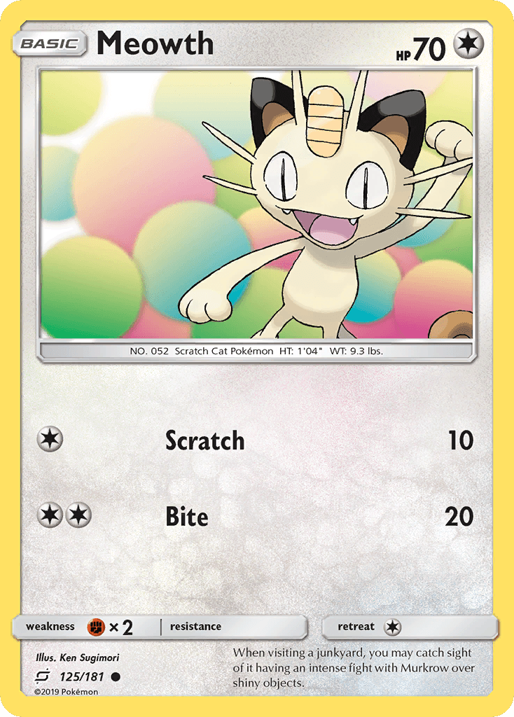 Meowth z edície Team Up, karta č.125