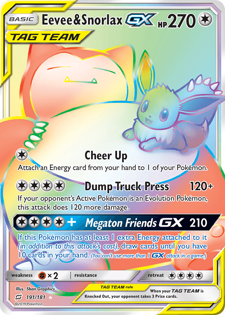 Eevee & Snorlax-GX z edície Team Up, karta č.191