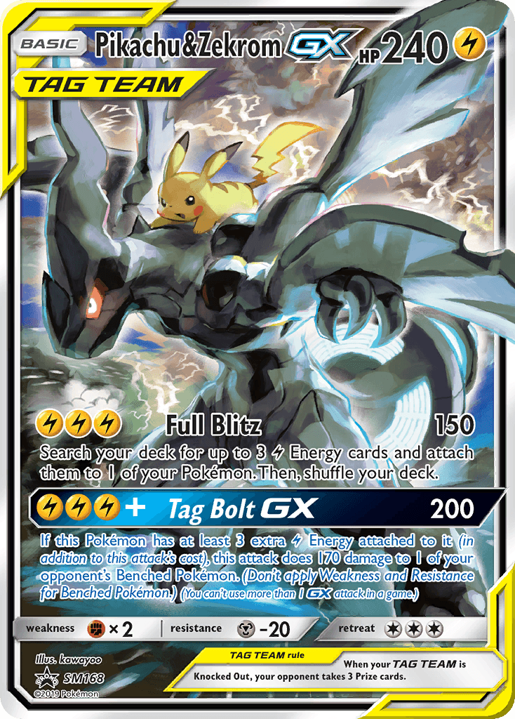 Pikachu & Zekrom-GX z edície SM Black Star Promos, karta č.SM168