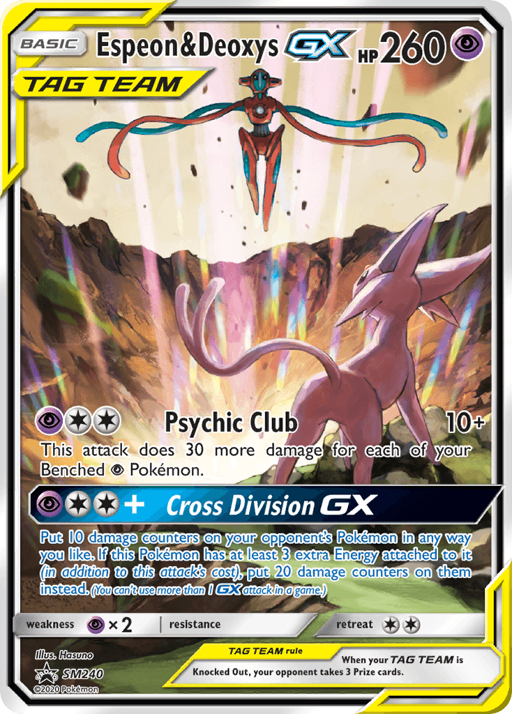 Espeon & Deoxys-GX z edície SM Black Star Promos, karta č.SM240