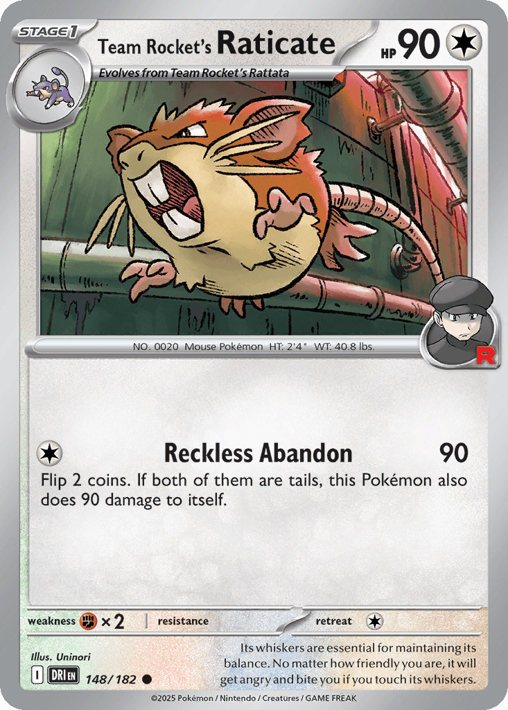 Team Rocket's Raticate z edície Destined Rivals, karta č.148