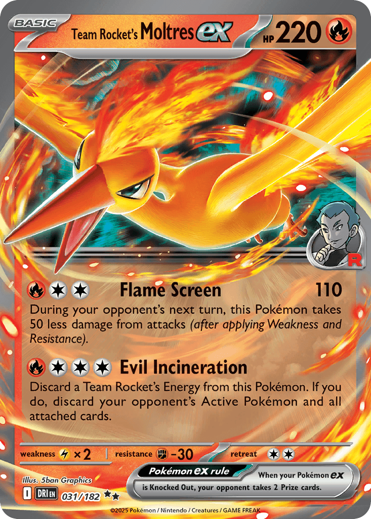 Team Rocket's Moltres ex z edície Destined Rivals, karta č.31