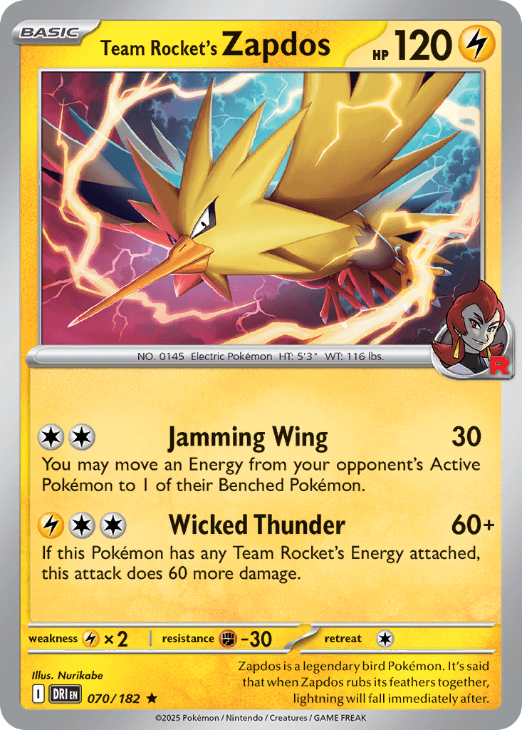 Team Rocket's Zapdos z edície Destined Rivals, karta č.70