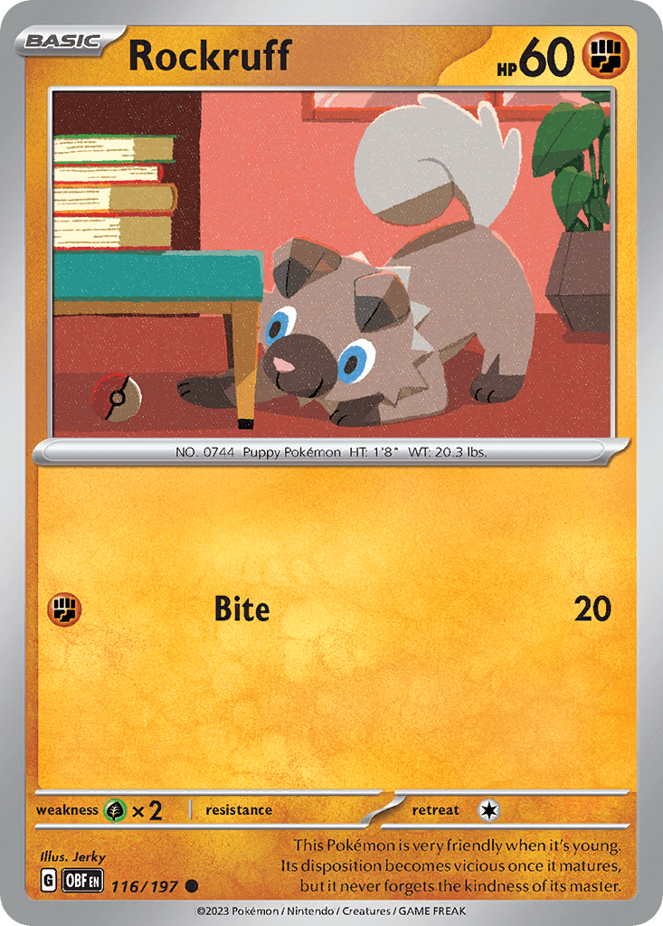 Rockruff z edície Obsidian Flames, karta č.116