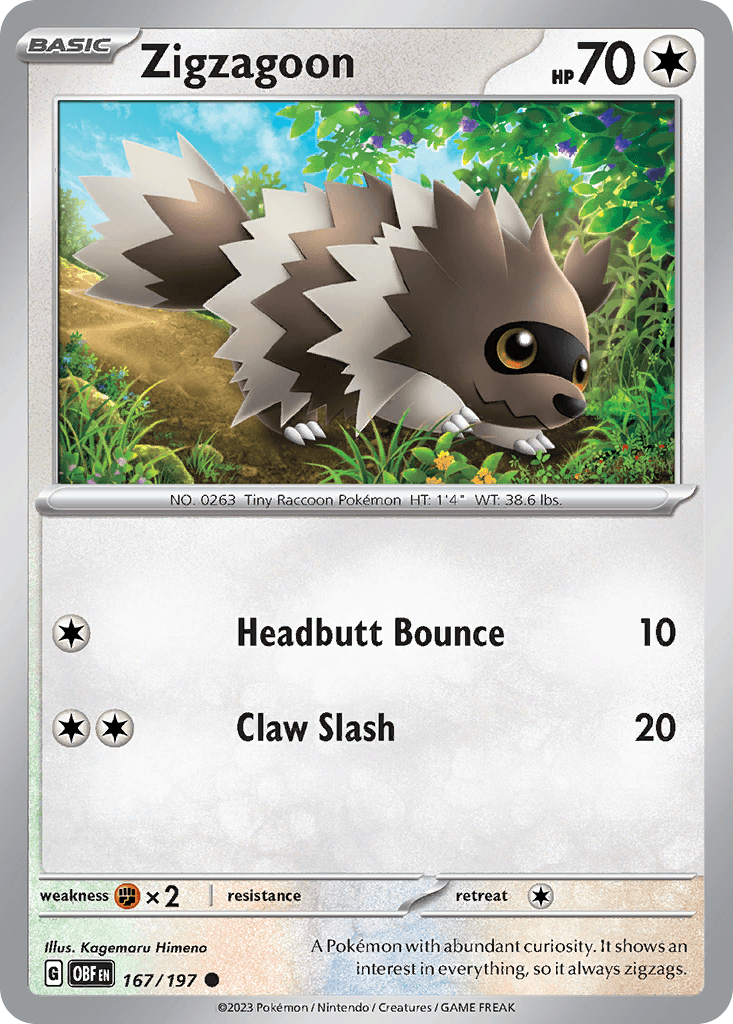 Zigzagoon z edície Obsidian Flames, karta č.167