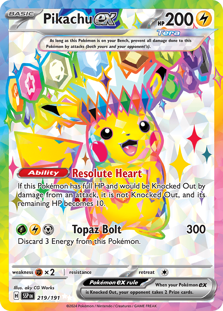 Pikachu ex z edície Surging Sparks, karta č.219
