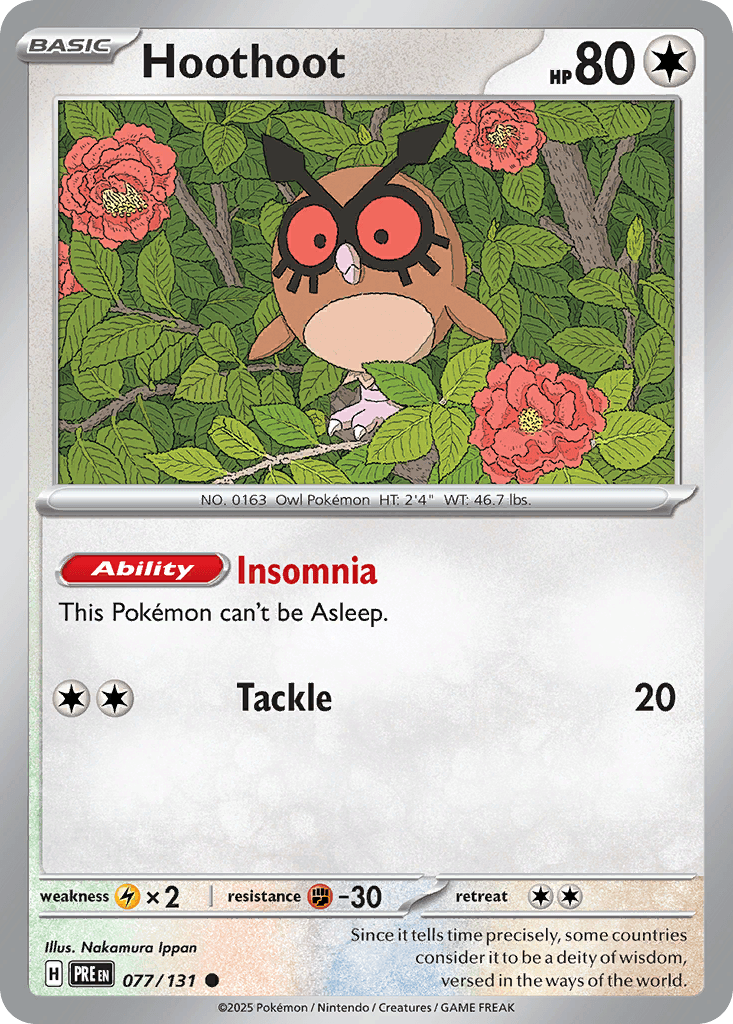 Hoothoot z edície Prismatic Evolutions, karta č.77