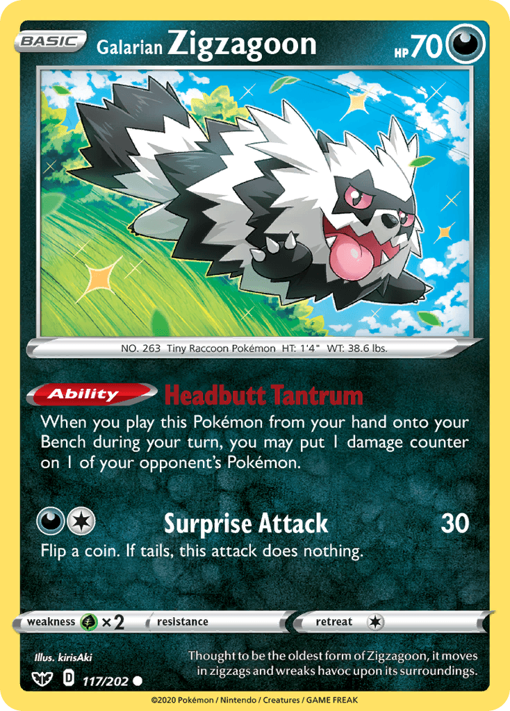 Galarian Zigzagoon z edície Sword & Shield, karta č.117