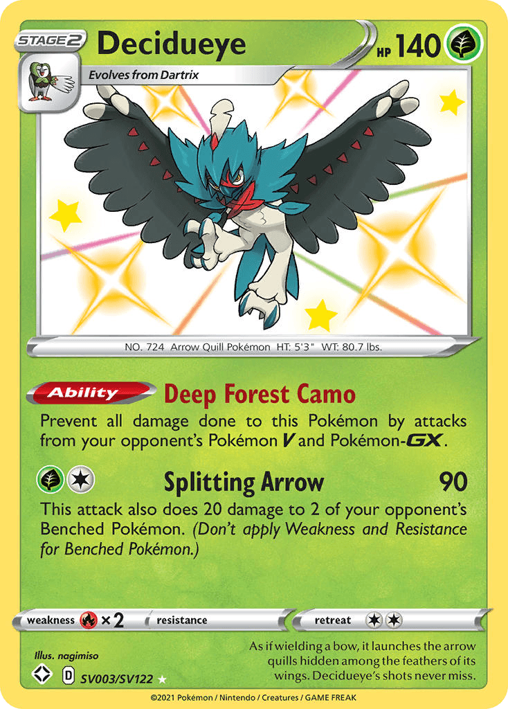 Decidueye z edície Shining Fates Shiny Vault, karta č.SV003