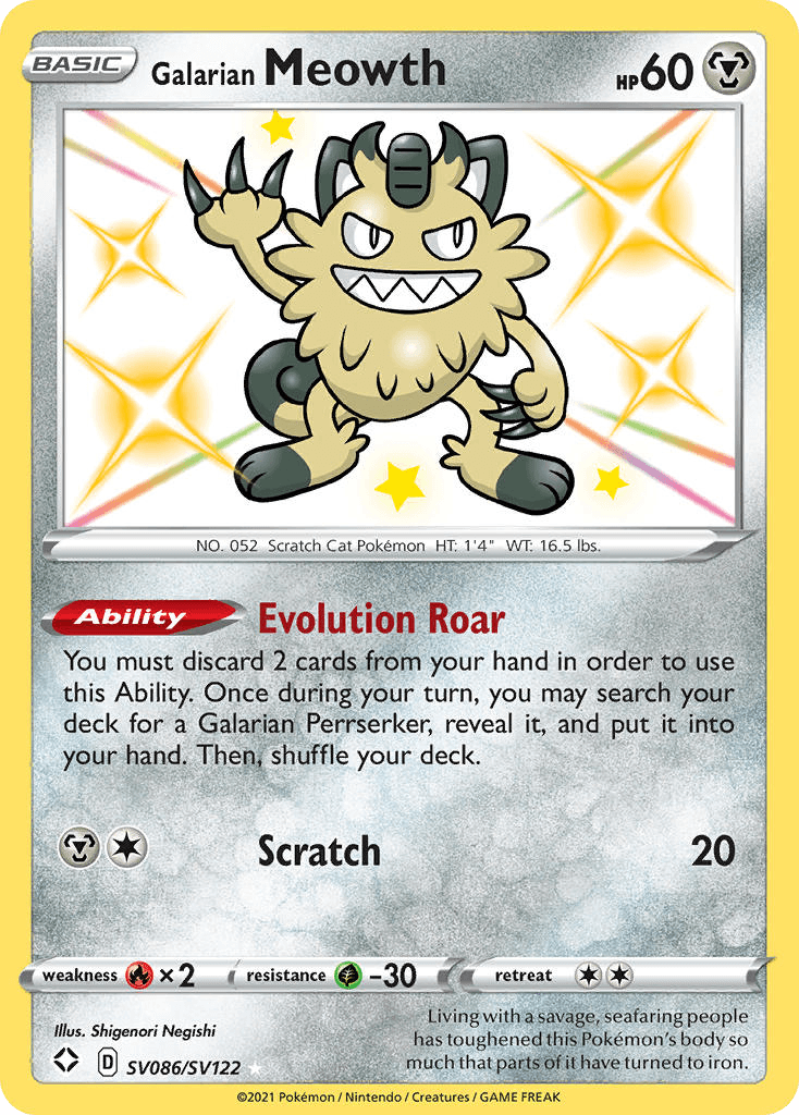 Galarian Meowth z edície Shining Fates Shiny Vault, karta č.SV086