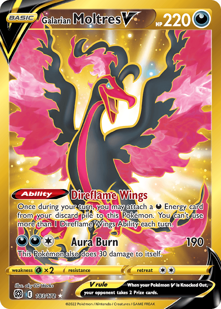 Galarian Moltres V z edície Brilliant Stars, karta č.183