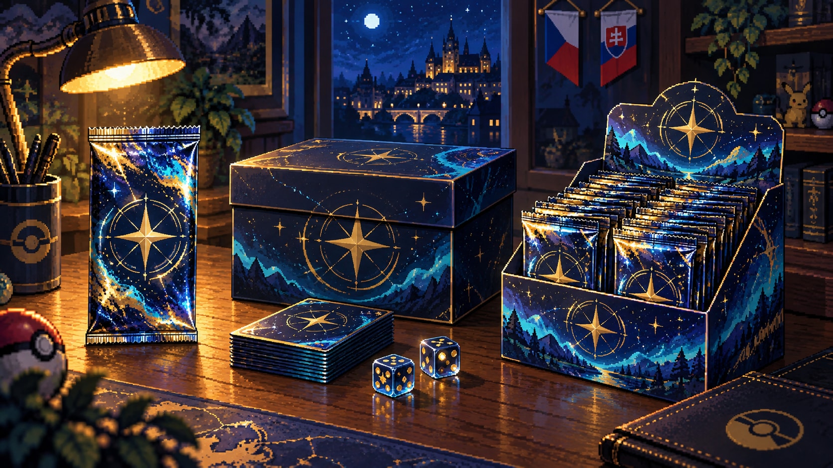 Pixel-art porovnanie jedného boostra, Elite Trainer Boxu s príslušenstvom a otvoreného booster boxu.