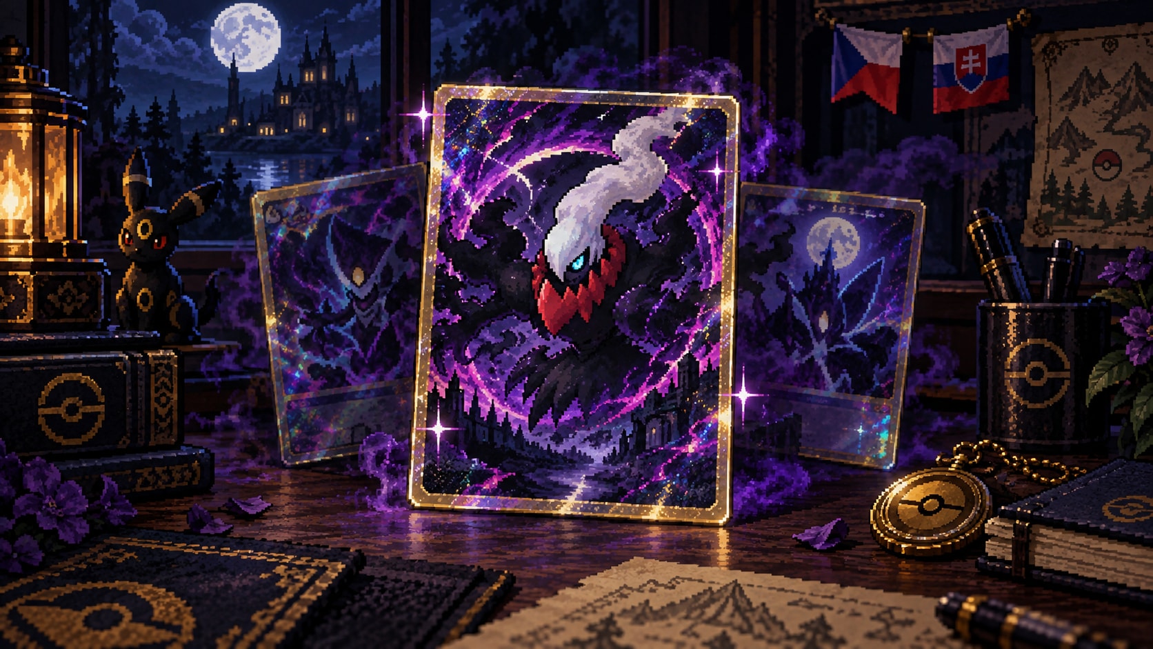 Pixel-art ilustrácia karty s Darkraiom vo fialovej žiare na zberateľskom stole.