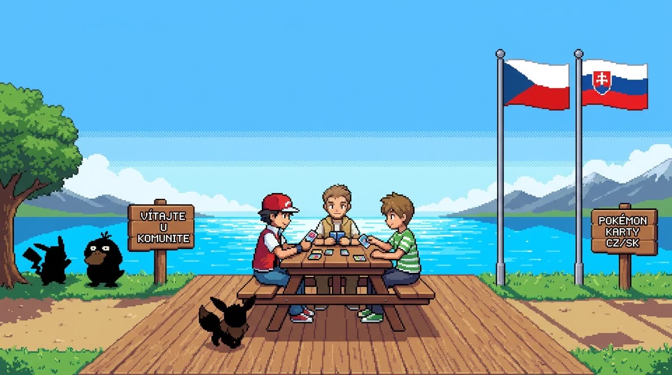 Komunita slovenských a českých zberateľov Pokémon TCG, pixel-art scéna pri stole