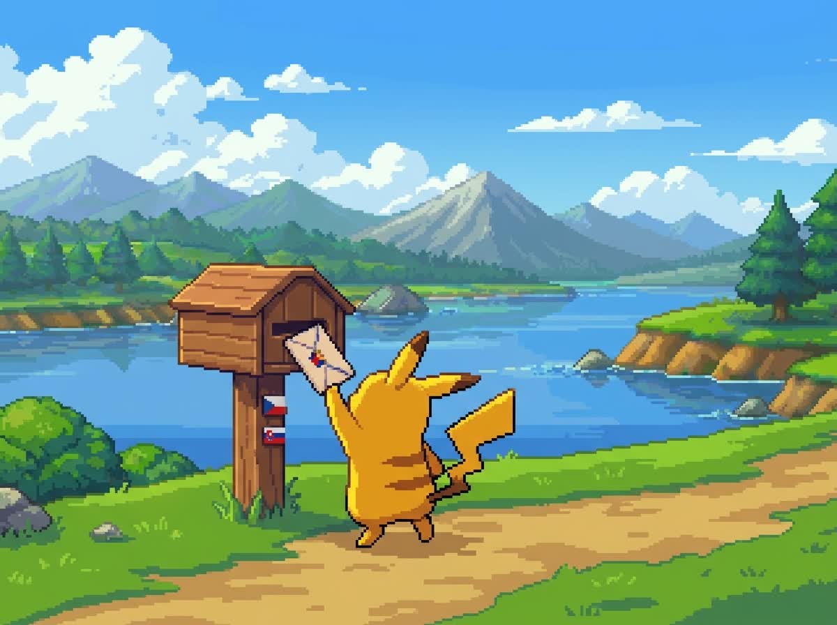 Pixel-art poštová schránka so znakom @ na bočku